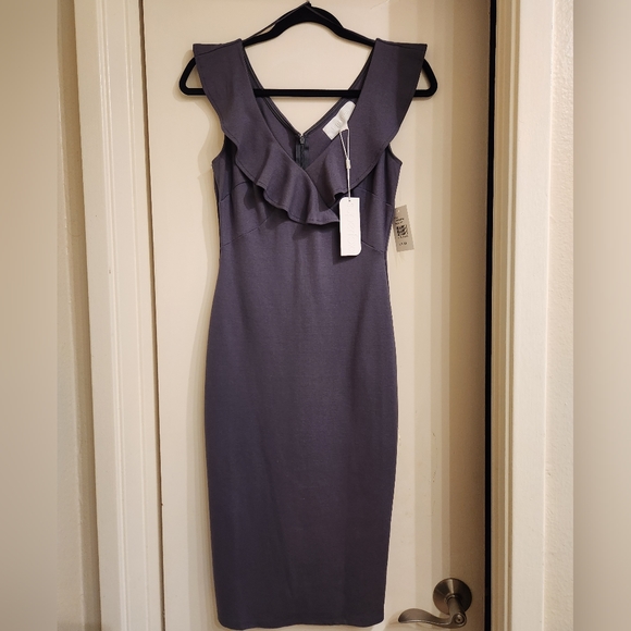 Superfoxx Nordstrom Ruffle Midi Column Dress Gray Grey XS NWT Ponte Knit - Picture 2 of 3